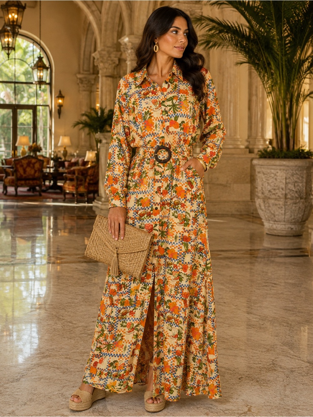 Floral Orange Maxi Shirt Dress with Belted Waist